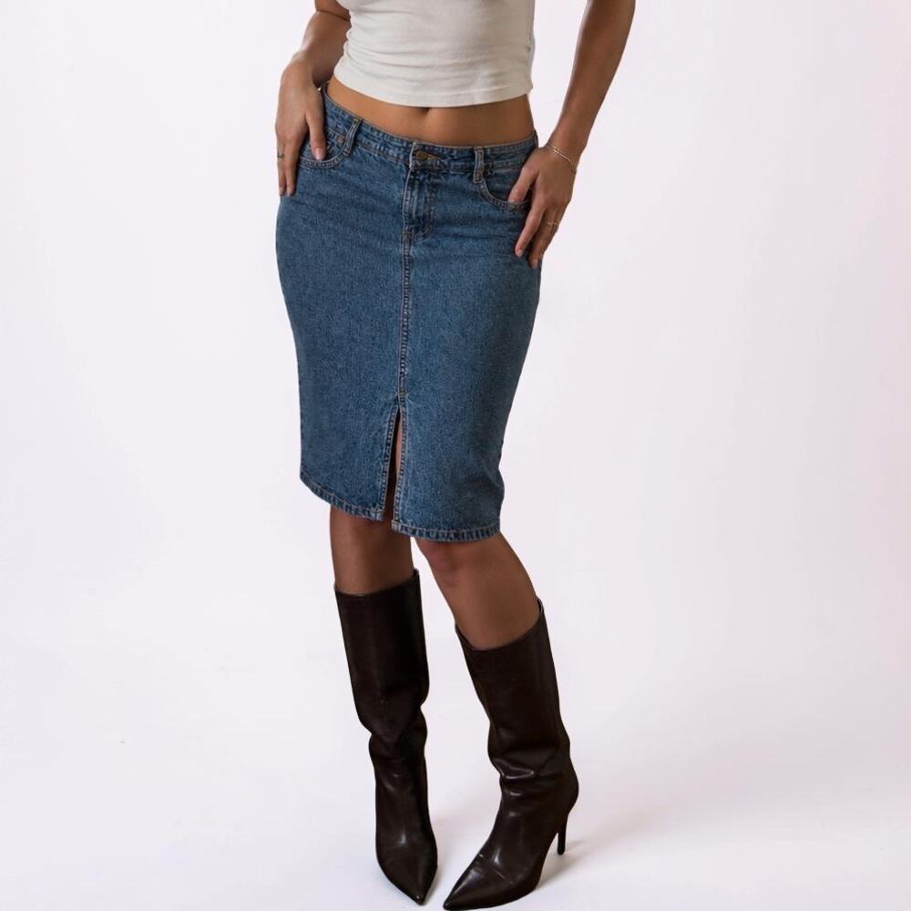 Vintage Mossimo Denim Dark Wash Slit Front Pencil Midi Skirt